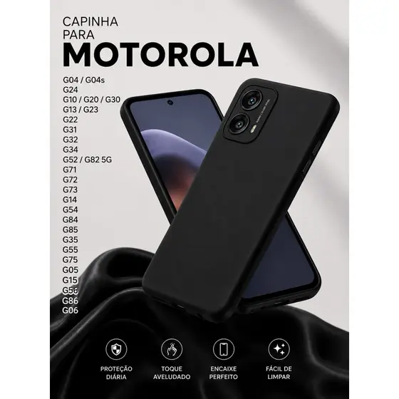 Capa Silicone Preta Aveludada Motorola G04 G24 G14 G15 G54 G84 G85 G35 G55 G75