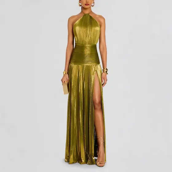 Vestido Longo Metálico Plissado Com Gravata Dividida , Gola Halter , Sem Mangas , Costas Nuas