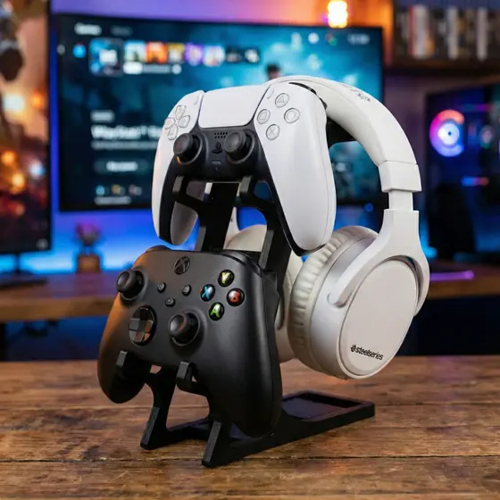 Suporte Triplo Para Controles Xbox S/X/One PS4 PS5 Dualsense e Fone Headset Universal