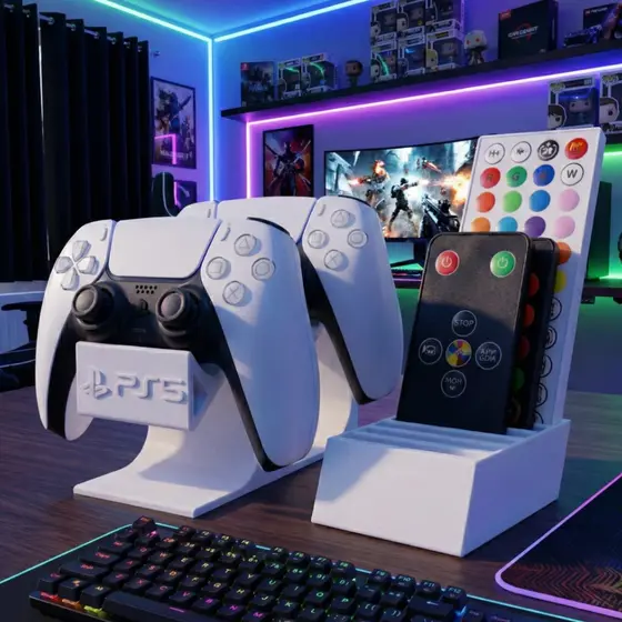 Suporte 2 Controles PS5 Dualsense + Organizador de Controle LED RGB