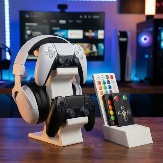 Suporte Triplo para Controles Xbox Serie X/S/One PS4 PS5 e Fone Headset + Organizador Controles LED