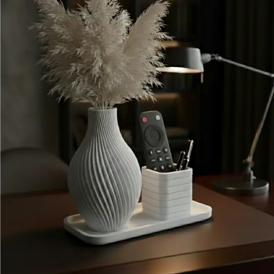 Kit Bandeja Decorativa Vaso Espiral Moderno Grande Porta Chaves Controle Sala Escritório