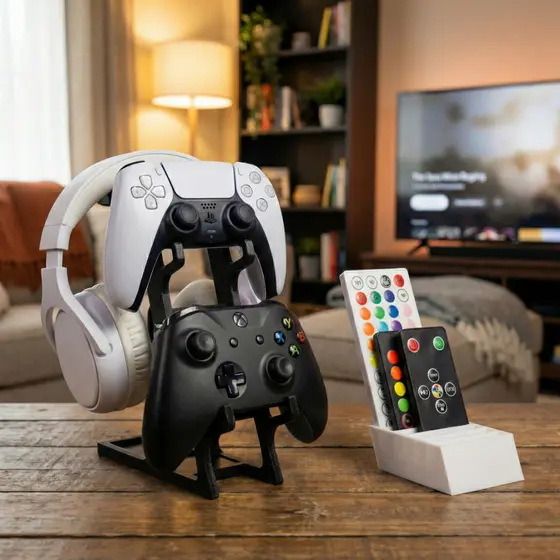 Suporte Triplo Para Controles Xbox S/X/One PS4 PS5 e Fone  Headset + Organizador controles LED