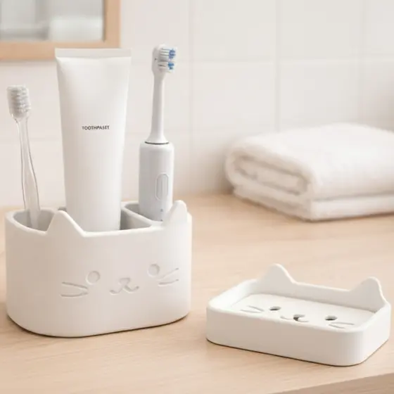Kit Organizador Banheiro Gato Porta Escova de Dentes e Saboneteira - Plástico Alta Resistência