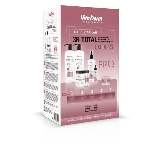 Kit SOS Capilar 3R Total Express Pro Vita Derm Reconstrução Capilar Cabelos Tratamento Cabelos Danificados