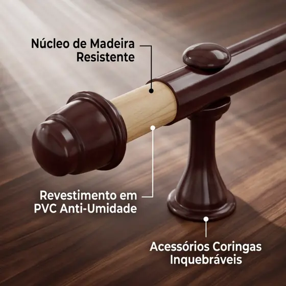 Kit varão de madeira simples para cortina 2 metros 19mm cores variadas