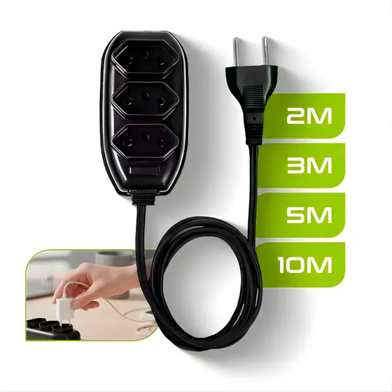 Extensão Elétrica 3 Tomadas Tripolar Bivolt 2 3 5 10 Metros Preto