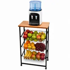 Fruteira  De Chão Em Aço Suporte Bebedouro 3 Cestos Removíveis Tampo Mdf Cozinha Copa