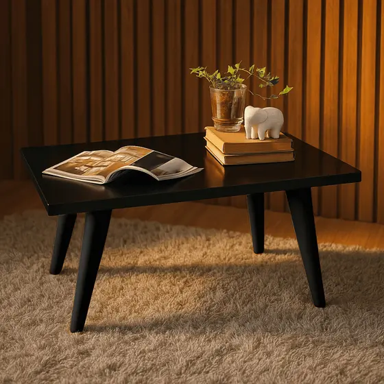 Mesa De Centro Retangular Decorativa Com Pés Palito PVC Preta Retrô Sala