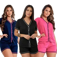 Kit 3 Pijamas Baby Doll Amamentação Americano Cirúrgico com botões em Malha