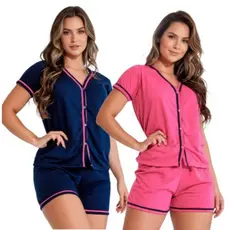 Kit 2 Pijamas Americano Amamentação Baby Doll meia manga com botões em Malha