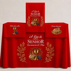 Kit Toalha para Santa Ceia Completo em Oxford Vermelho Luxo – Mesa, Caminho e Bandejas TAMANHO 2MTX1,50MT