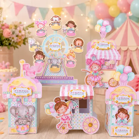 Kit Festa Caixinhas Personalizadas Circo Rosa Aquarela Menina Aniversário