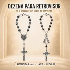 Terço Dezena em Hematita Para Carro Retrovisor Nossa Senhora Aparecida São Bento