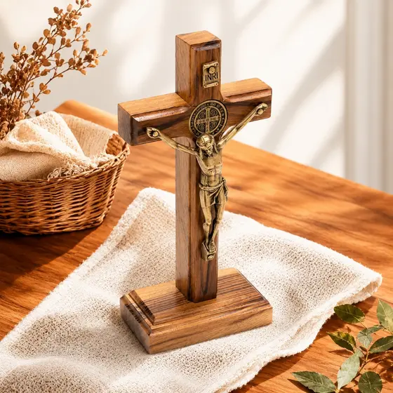 Crucifixo de Madeira com Medalha de São Bento para Mesa e Parede 9 cm 12 cm 17 cm