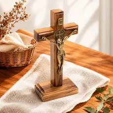 Crucifixo de Madeira com Medalha de São Bento para Mesa e Parede 9 cm 12 cm 17 cm