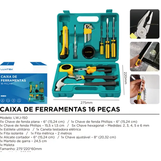 Kit De Ferramentas 9 ou16 Peças Com Maleta E Itens Essenciais Para Reparos