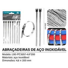 Kit100 Abraçadeira Zip Tie Aço Inox 200/300/400x4,6mm  Termotape Coifa Homocinetica Tubos Cabos