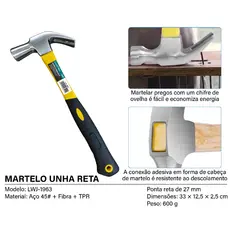 Martelo Tipo Unha Aço Carbono Com Cabo Emborrachado Profissional 29cm ou 33cm