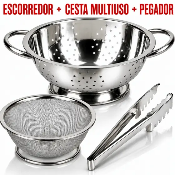 Escorredor De Macarrão Cesto Multiuso E Pegador De Massas Kit Inox
