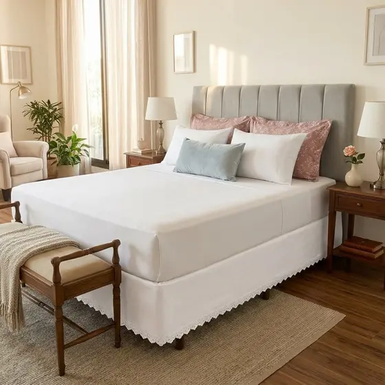 Saia Para Cama Box com Elástico e Barra Decorada Ajustável Solteiro Viúva Casal Queen 100% Poliéster