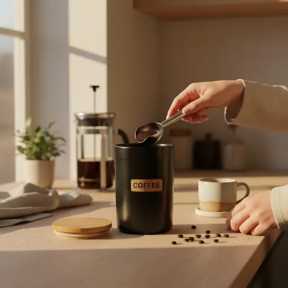 Pote de Café Cerâmica Preta e Bambu Tampa Hermética Médio