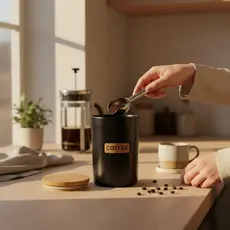 Pote de Café Cerâmica Preta e Bambu Tampa Hermética Médio