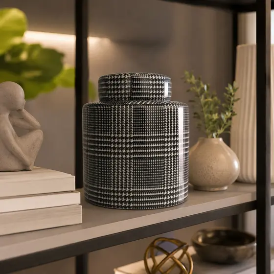 Vaso Potiche Porcelana Xadrez Preto Branco para Sala Aparador e Lavabo