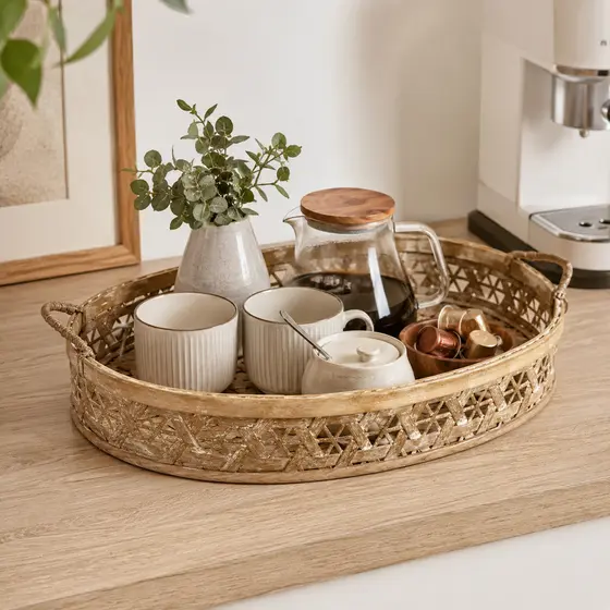 Bandeja Grega Oval Vintage Rústica Pátina Envelhecida Bambu Natural 52cm