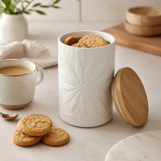 Pote Hermético Cerâmica Branco Floral Tampa Bambu Médio