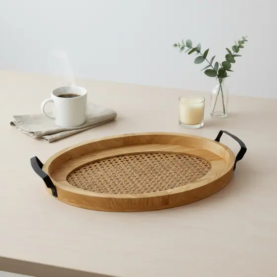 Bandeja Oval Madeira Rattan Trama Indiana Boho 54cm
