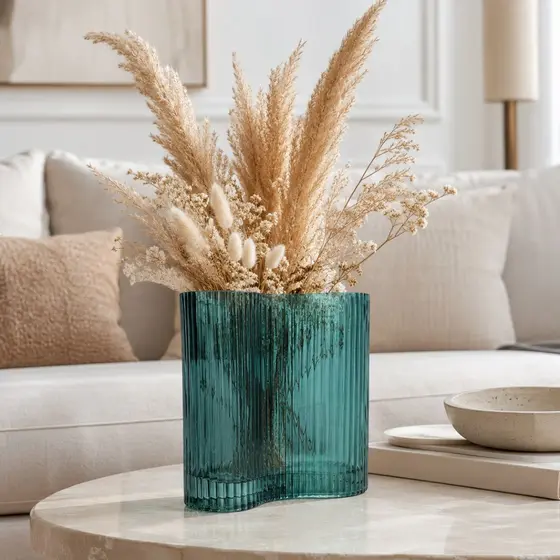Vaso de Vidro Azul Canelado Ondulado para Arranjos e Decoração