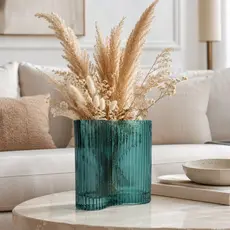Vaso de Vidro Azul Canelado Ondulado para Arranjos e Decoração