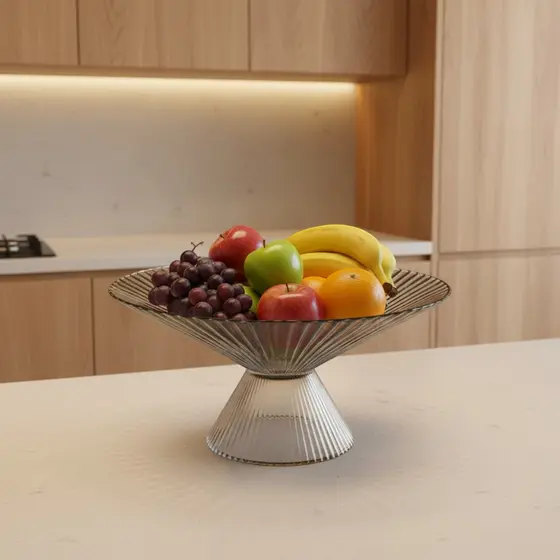 Centro de Mesa Fruteira Vidro Fumê Canelado para Frutas e Doces