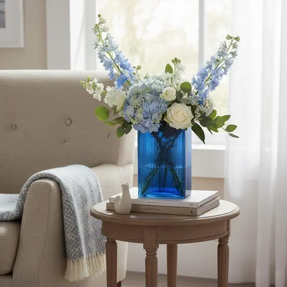 Vaso Alto Vidro Azul Canelado Translúcido para Arranjos Decoração