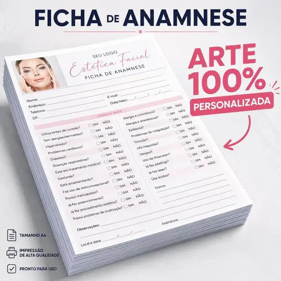 Ficha de Anamnese Personalizada A4 | Estética, Lash Designer, Micropigmentação, Massoterapeuta, Nail