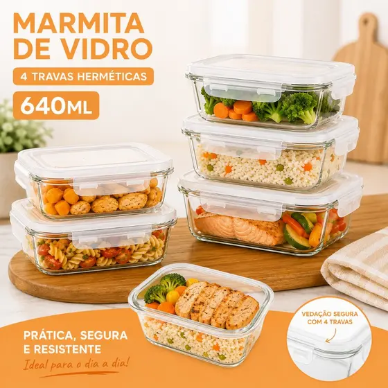 Conjunto 2/3/5/10 Potes 640 Vidro Hermético Mantimentos Marmita Fitness