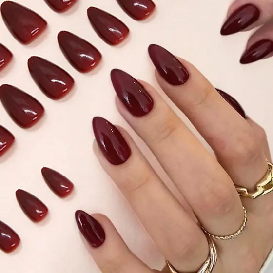 Vinho Vermelho Unhas Falsas Com Kit De Cola Amêndoa Imprensa Em Remendo De Wearable Cabeça Redonda Oval Capa Comp