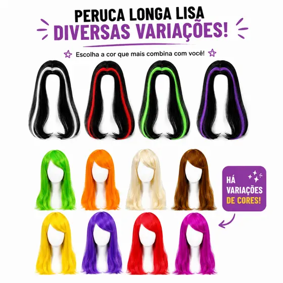 Peruca Longa lisa Varias Cores Colorida Cosplay Comemoraçâo Eventos Carnaval