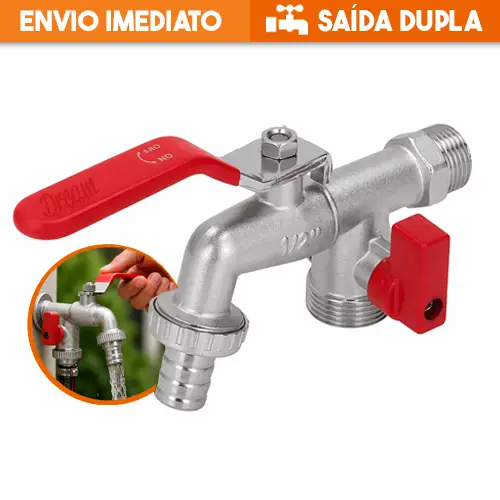 Torneira Esfera Dupla 2 Saídas Parede Tanque e Máquina 1/2X3/4 Metal Cromado