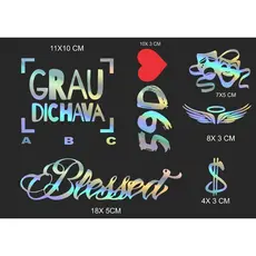 Kit 06 Adesivos BLESSED, CHORA AGORA RIR DEPOIS, ASA ANJO ,  GRAU DICHAVA, 59D, CIFRÃO