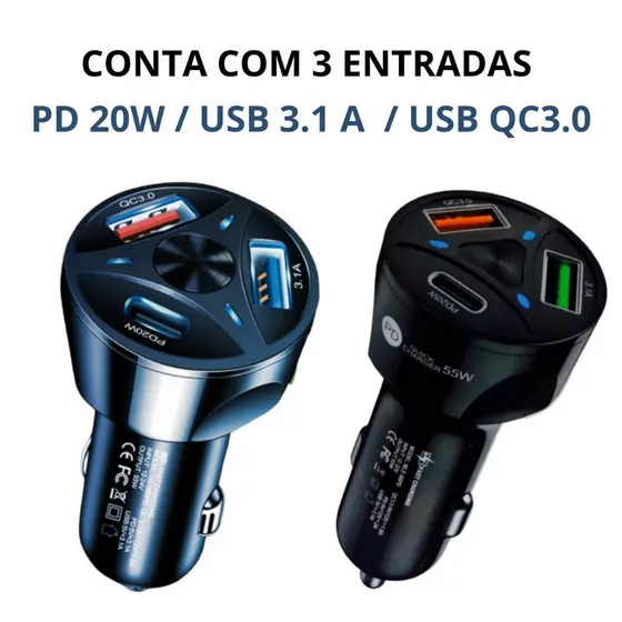 Carregador Turbo 15W Para Carro QUICK CHARGE POWER 3.O PD Com 3 Entrada Usb 3.0/3.1/tipo-c CARREGAMENTO ESTAVEL