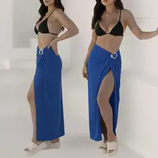 Saídas de Banho Saida Saia Longa com Fivela Orgânica Fenda na Malha Leve de Poliamida Verão Moda Praia