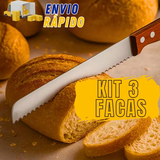 Kit 3 Facas Para Pão Com Serra Serrilhada Cabo De Madeira Marrom Grande 8 Bolo Profissional Talher
