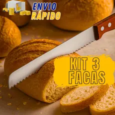 Kit 3 Facas Para Pão Com Serra Serrilhada Cabo De Madeira Marrom Grande 8 Bolo Profissional Talher
