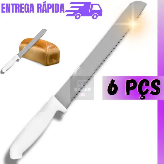 Jogo 6 Facas Para Pão Grande 32cm Com Serra Afiada Cabo Ergométrico Branco Profissional Kit Aço Inox