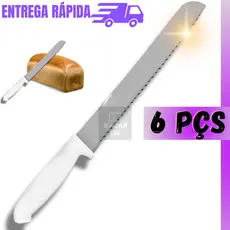 Jogo 6 Facas Para Pão Grande 32cm Com Serra Afiada Cabo Ergométrico Branco Profissional Kit Aço Inox