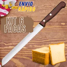 Kit Com 6 Facas Para Pão Cabo De Madeira Marrom Serra Serrilhada Grande 8  Profissional Talheres