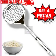Kit 4 Escumadeira de Arroz em Aço Inox Para Fritura 32cm Cabo Ergométrico Utensílios de Cozinha