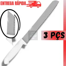 Kit 3 Facas Para Pão Com 32cm Grande Serra Afiado Cabo Branco Ergométrico Profissional Aço Inox